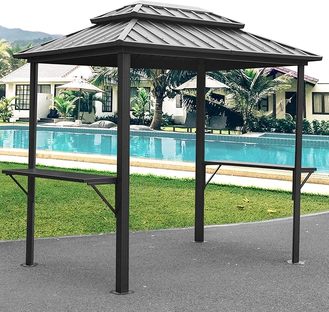 Domi Grill Gazebo 8' × 6', Outdoor Aluminum Frame BBQ Gazebo with Shelves Serving Tables and Hooks, Permanent Double Roof Gazebos for Patio Lawn Deck Garden (Dark Grey)