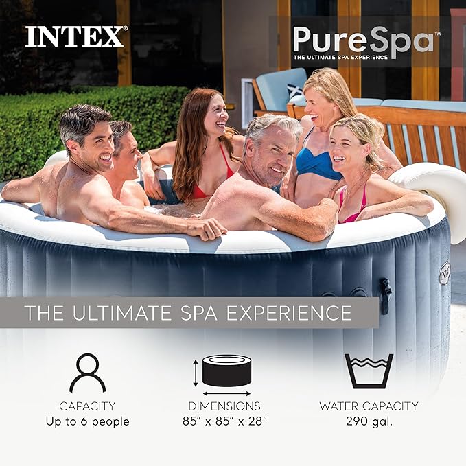 INTEX 28431EP PureSpa Plus Bubble Massage Spa Set: Includes Energy Efficient Spa Cover –2 Headrests – LED Light – 6 Person Capacity – 85" x 28"