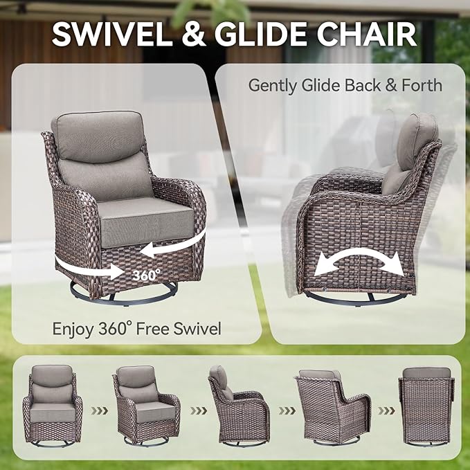 HUMMUH Outdoor Patio Wicker Swivel Rocker Chairs Set of 2 with 6-Inch Thick Cushion High Back Wicker Conversation Set for Porch Balcony Deck