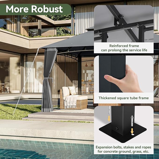 AOXUN Outdoor Gazebo for Patio 10x13, Metal Frame Canopy with Double Roofs, Heavy Duty Party Tent and Shelter with Mosquito Nettings for Backyard, Lawn, Garden, Deck (Gray/no Privacy Screen)