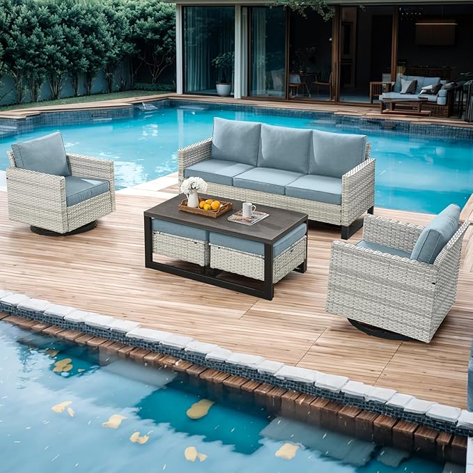 Wicker Outdoor Patio Furniture Set - 6 Piece Patio Conversation Set with 2 Swivel Rocker Chairs,2 Rattan Ottoman,1 Couch and 1 Metal Coffee Table for Outside Porch Deck Backyard(Light Grey/Sky Blue)