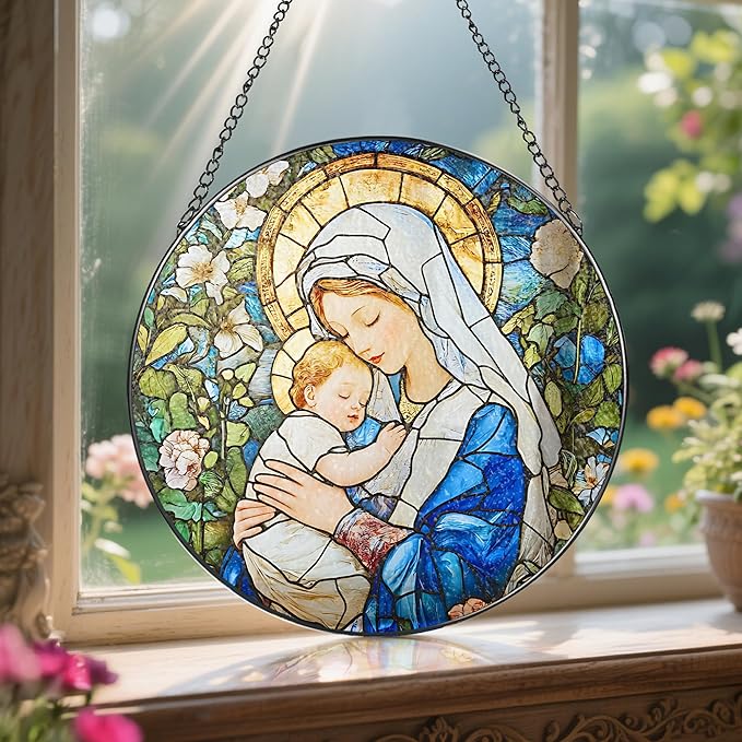 8 Inch Virgin Mary Stained Glass Suncatcher, Suncatchers for Windows Hanging, Baby Jesus Window Decoration, Religious Suncatcher, Catholic Window Hanging, Gift for Religious, Christian Gifts