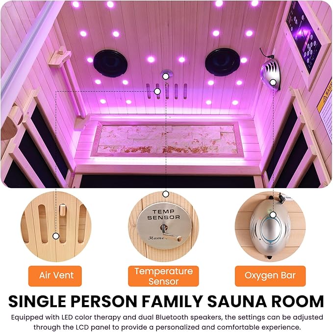 One Person Sauna Far Infrared Saunas Room Canadian Hemlock 1450W Dry Saunas Spa with 7 Starry Sky Light 33.5 * 33.5 * 70.8inch