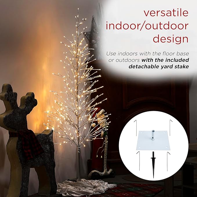 Alpine Corporation 65" H Indoor/Outdoor Pre-Lit Silver Foil Christmas Tree with Yard Stake and 360 LED Lights, Christmas Decoration