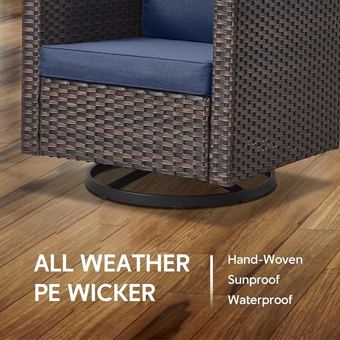 Outdoor Swivel Rocker Chairs Set of 4 with Fire Pit Table - 5 Peice Wicker Patio Furniture Set Conversation Set with 50,000 BTU Fire Pit for Deck Backyard - Brown Wicker Blue Cushion
