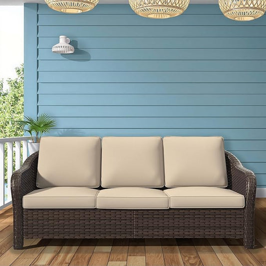 Vista Vibe 78" Patio Wicker 3-seat Sofa, Deep Seat Loveseat, Outdoor All-Weather Rattan Couch with Removable Cushions, Steel Frame Couch for Garden, Poolside (Beige)
