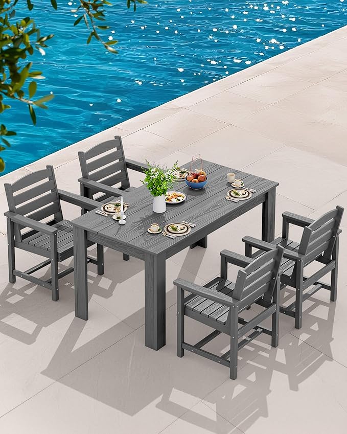SERWALL Patio Dining Sets for 8, Outdoor Dining Sets for 8 Person with 2 Umbrella Hole Cut-Out Rectangular Tables and 8 Chairs, HDPE Dining Sets for Garden, Backyard, Poolside, Gray