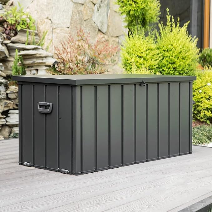 100 Gallon Outdoor Deck Box Lockable Metal Indoor Outdoor Storage Container with Side Handle, Waterproof Storage Box with Rolling Castors for Patio Garden Tools, Pools Equipment, Cushions, Gray