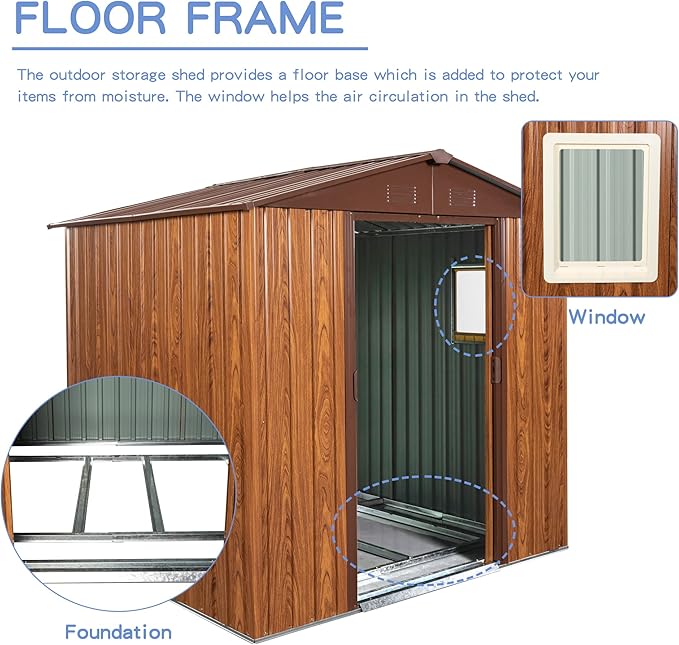 6 x 6 FT Outdoor Storage Shed, Metal Garden Shed with Floor Frame, Tool Shed Outdoor Storage with Lockable Sliding Doors & Window & Air Vents, Storage House Waterproof for Backyard, Lawn, Coffee