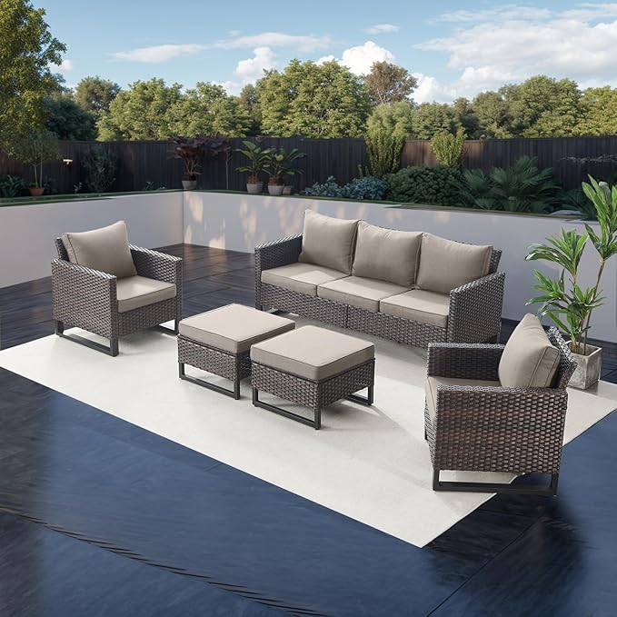 Rilyson Wicker Outdoor Patio Furniture Set - 5 Piece Patio Conversation Set with 2 Wicker Armrest Chairs,2 Rattan Ottoman and 1 Couch for Outside Porch Deck Backyard Garden(Brown/Grey)