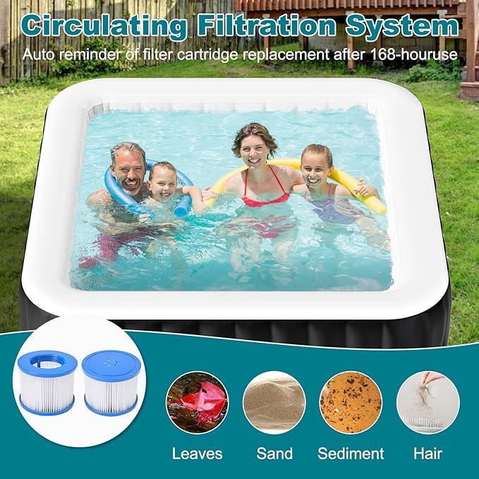 73"X73"X25" Hottub, 4-6 Person Inflatable Hot Tub, Portable Blow Up Hot Tub Square Portable Outdoor Spa with 130 Bubble Jets and Heater Pump, Filter