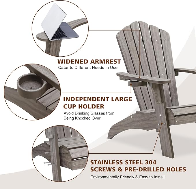 Psilvam Oversized Adirondack Chair, Fade-Resistant & Odor-Free Poly Lumber Fire Pit Chairs with Cup Holder, Weatherproof Lawn Chair, Easy 15 Min Install Patio Chair, 350 Lbs Support (4, Light Gray)