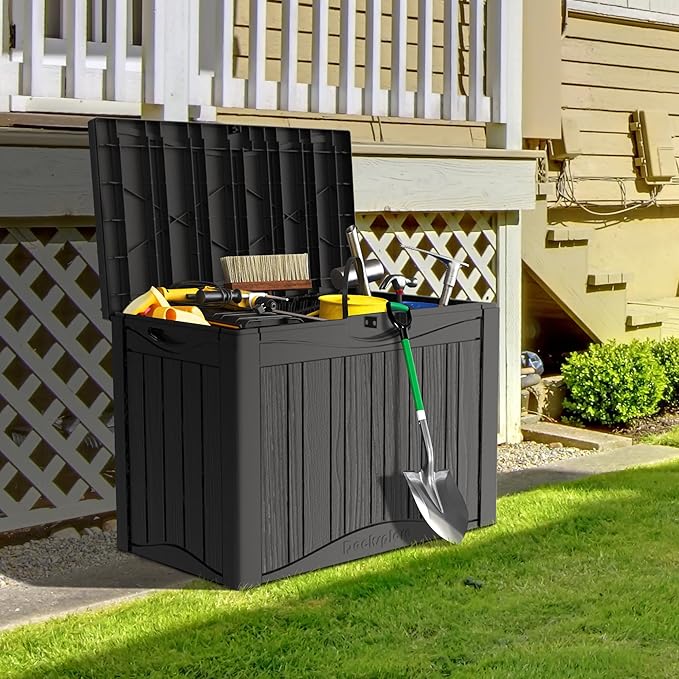 50GAL Black Deck Box with Unique Pattern and Lock Hole - Waterproof, Durable Resin Construction, SGS Sun Protection, Ideal for Storing Outdoor Furniture Covers, Effortless Assembly