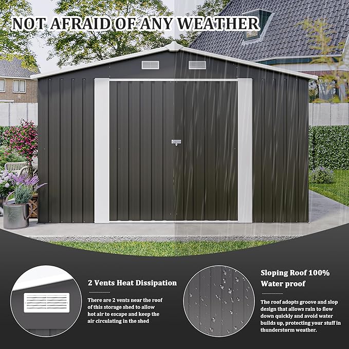 10x14 FT Outdoor Storage Shed, Metal Shed with Floor, Lockable Door & Vents, All-Weather Resin Shed for Garden, Backyard, Patio, Lawn, Dark Gray