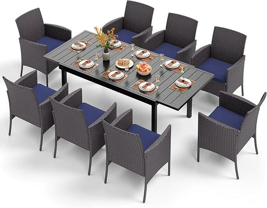 PHI VILLA 9 Piece Outdoor Dining Table Set for 8, Expandable Rectangular Metal Dining Table and Cushioned Rattan Chairs Furniture for Patio, Deck, Porch, Backyard