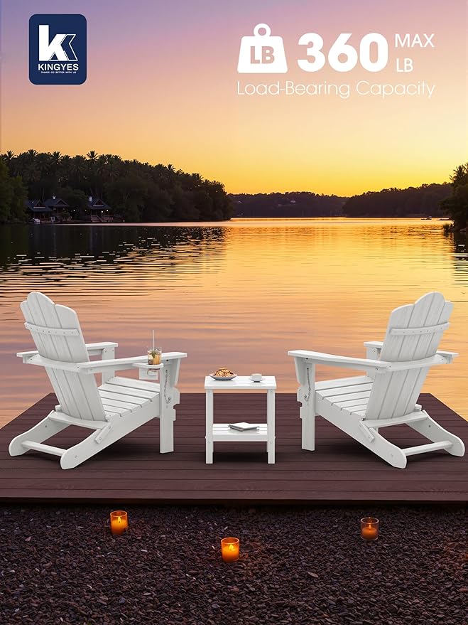 KINGYES Folding Adirondack Chair Set of 8, HDPE All-Weather Patio Chairs with Cup Holder, Wooden Textured Fire Pit Chairs for Poolside, Backyard, Deck, White