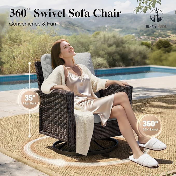HERA'S HOUSE 8-Piece Outdoor Furniture Set with Fire Pit Table, Patio Conversation Set with 5.5" Thick Cushions & High Back Swivel Chairs, All-Weather Wicker Deep Seating Sofa with Ottomans, Grey