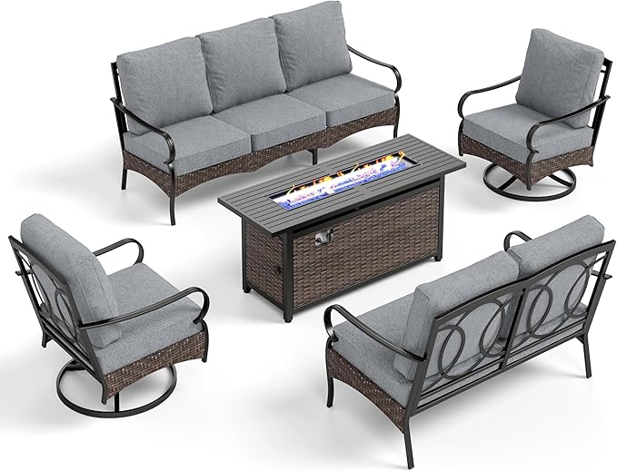 Patio Furniture Set with 56" Fire Pit Table, Premium Outdoor Wicker Metal Frame Furniture with Upgraded Waterproof Thick Cushions for Porch, Poolside, Deck, and Yard