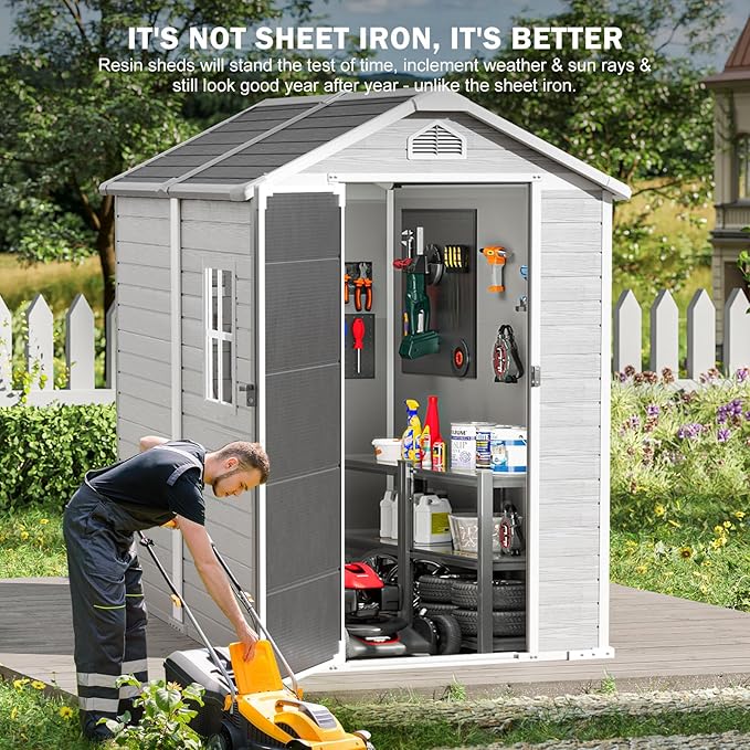 CDCASA 6x4 FT Resin Shed, Waterproof Outdoor Small Storage Shed with Floor & Lockable Door & Window & Vents, Plastic Tool Shed for Outside, Patio, Poolside, Grey