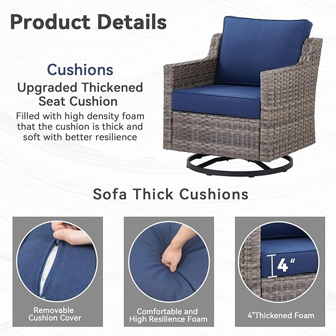 Patio Furniture Set, 7 Pieces Outdoor Wicker Rattan Sofa Couch with Swivel Rocking Chair, Ottomans and Comfy Cushions, All Weather Outdoor Conversation Sets, Suit for Porch Deck