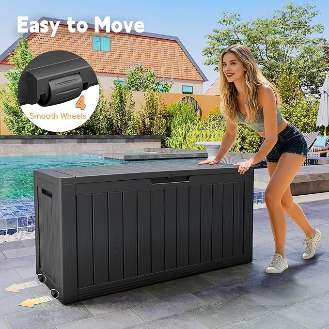 Outdoor Storage Box, 72 Gallon Deck Box Waterproof, Resin Patio Storage Bin for Package Delivery, Patio Furniture Cushion, Garden Tools, Pool Accessories, Weatherproof, Black