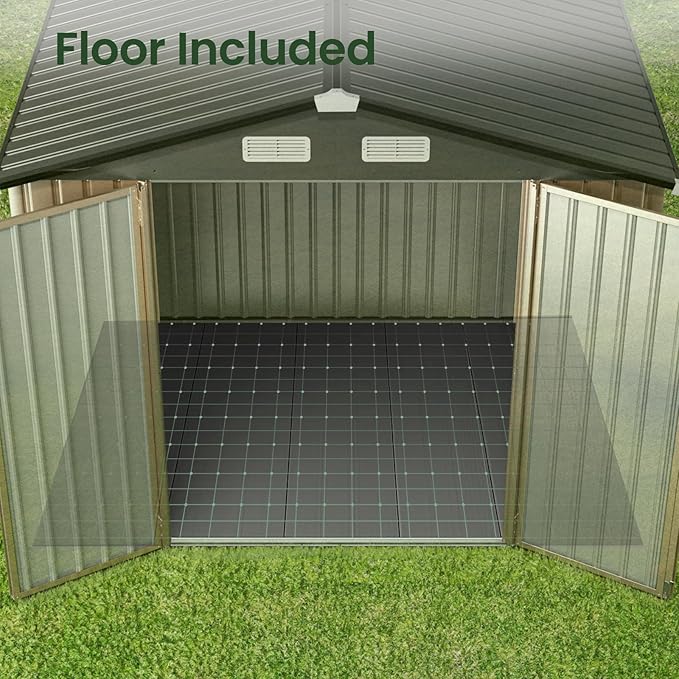 GVDV 8x6 FT Outdoor Metal Storage Shed with Floor, 7.3x5.3 FT Base Durable Garden Shed with Updated Frame Structure for Backyard, Patio, Tool Storage, All-Weather Shelter for Bike, Gardening Tools
