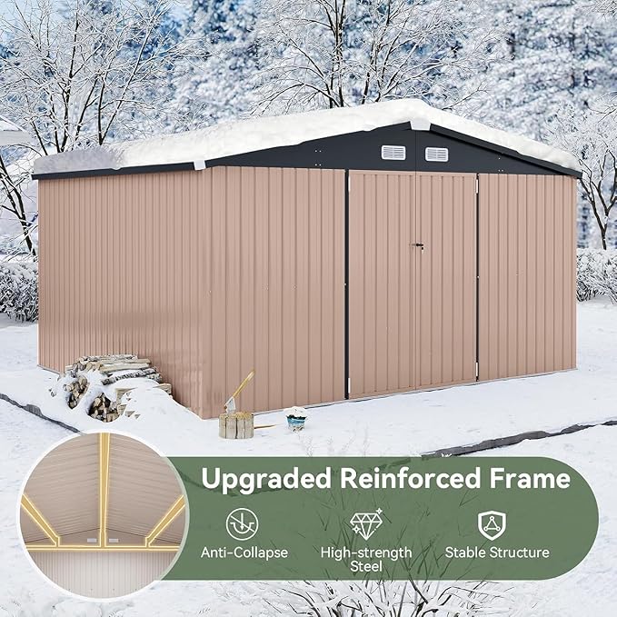Aoxun 12x10 FT Shed Outdoor Storage Shed with Large Doors & Galvanized Steel, Large Shed Steel Utility Tool Shed Storage House with Door & Lock, for Patio Lawn Garden Sand, Brown