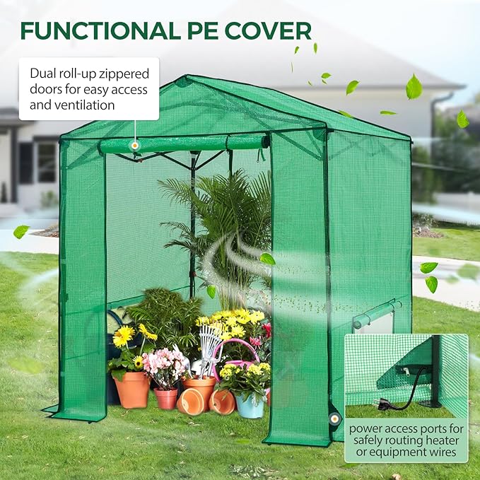 6x6 Pop Up Walk-in Greenhouse, Indoor & Outdoor PE Cover Green House w/ Power Access Ports, Roll-up Zippered Doors and Windows, Green