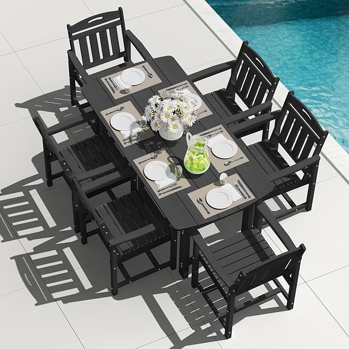 HDPE Outdoor Patio Dining Set with Table & 6 Chairs, All-Weather 7-Piece Outdoor Table and Chairs, 2" Umbrella Hole, Patio Furniture for Garden, Backyard, Deck | Matte Black