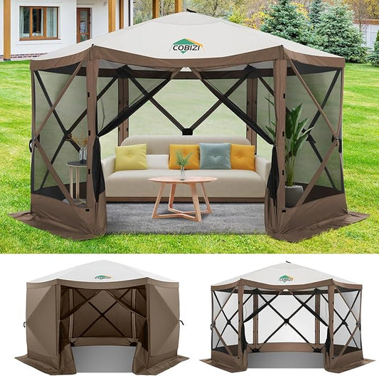 COBIZI 12x12ft Pop up Canopy Tent Gazebo on Clearance Screen Tent, Outdoor Screened Gazebo with Sidewalls, Portable Screen House for Camping with Carrying Bag and Ground Stakes, Brown(Upgraded 2.0)