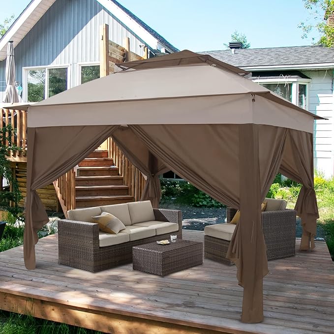 COOS BAY 11x11 Pop-up Instant Gazebo Tent with 4 Sidewalls Outdoor Canopy Shelter with Carry Bag, Stakes and Ropes, Beige