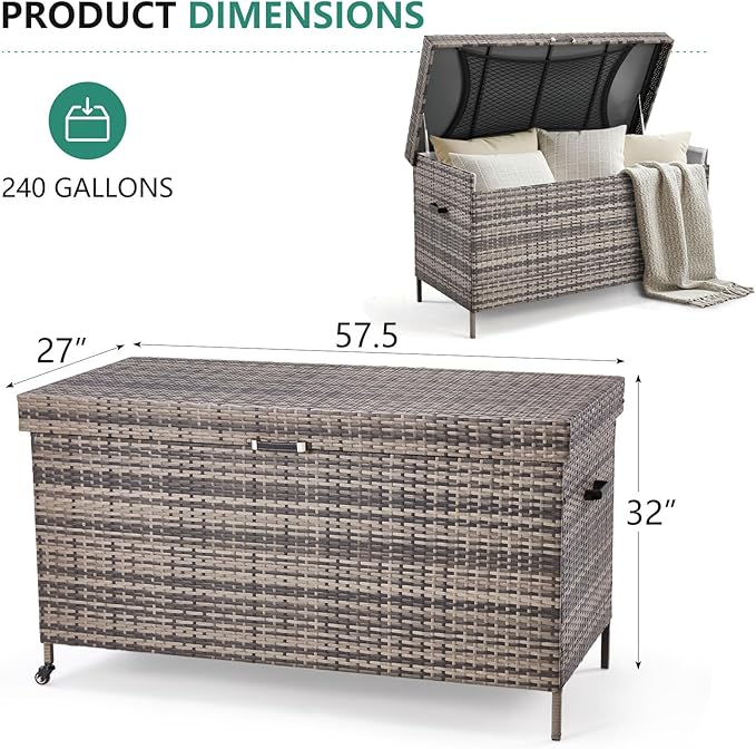 AVAWING 240 Gallon Wicker Deck Box, Outdoor Storage Box with Portable Wheels and Handles, Waterproof Patio Rattan Container for Garden, Balcony, Yard (Grey)