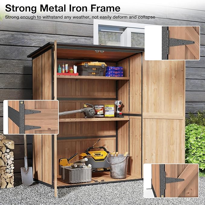 Outdoor Storage Shed with Floor, Waterproof Storage Cabinet with Metal Frame, Adjustable Shelves, Garden Shed for Backyard Garden Patio Lawn - Light Brown