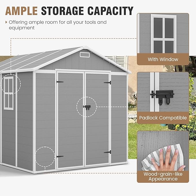 Amopatio 8x8 FT Storage Shed, Resin Outdoor Shed with Floor Included, Plastic Sheds Outdoor Storage for Bike, Garden Tools, Sheds & Outdoor Storage with Lockable Door, Window & Vents, Grey & White