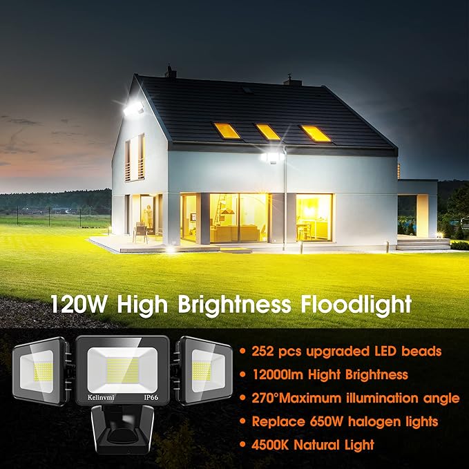 LED Flood Lights Outdoor 120W, 12000lm LED Security Light, High Brightness 4500K Warm White Light with IP66 Waterproof Exterior Floodlights for Yard, Garden,Playground