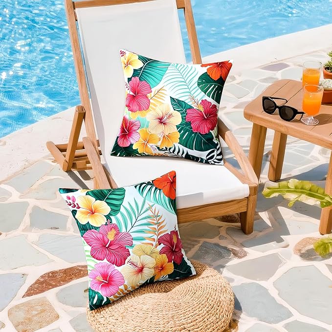 Outdoor Pillow Covers 18x18 Inch Set of 2 Tropical Floral Plants Boho Throw Pillows Cases Waterproof Square Garden Cushion Sham for Patio Funiture Tent Balcony Bench Sofa Couch, Green