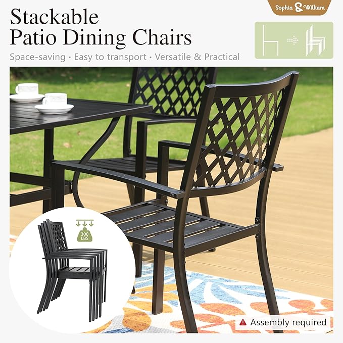 Sophia & William Patio Dining Set Outdoor Table and Chairs 7 Piece Metal Patio Table Furniture Set with Large Rectangular Dining Table for 6 Person and Stackable Outdoor Chairs Support 300LBS (Balck)