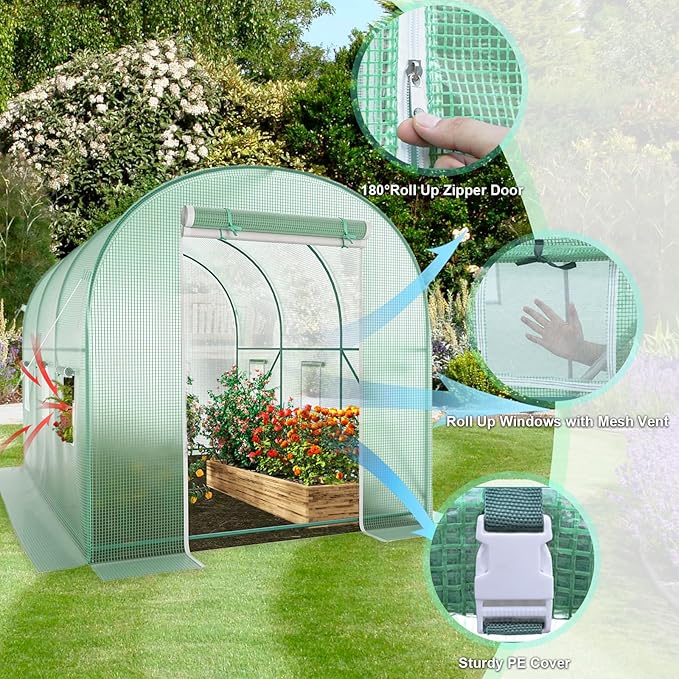 Walk-in Greenhouse, 12x7x7 FT Heavy Duty Tunnel Green House for Outdoors, Portable Green Houses for Outside, Winter Hot House with Metal Frame & Roll-up Zipper Door Screen Windows