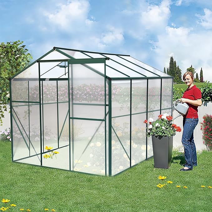 KEIKI 6x8 FT Greenhouse for Outdoors, Heavy Duty Polycarbonate Large Walk-in Greenhouse with Double Doors and Two Ventilation Windows for Outside Green House Garden Backyard