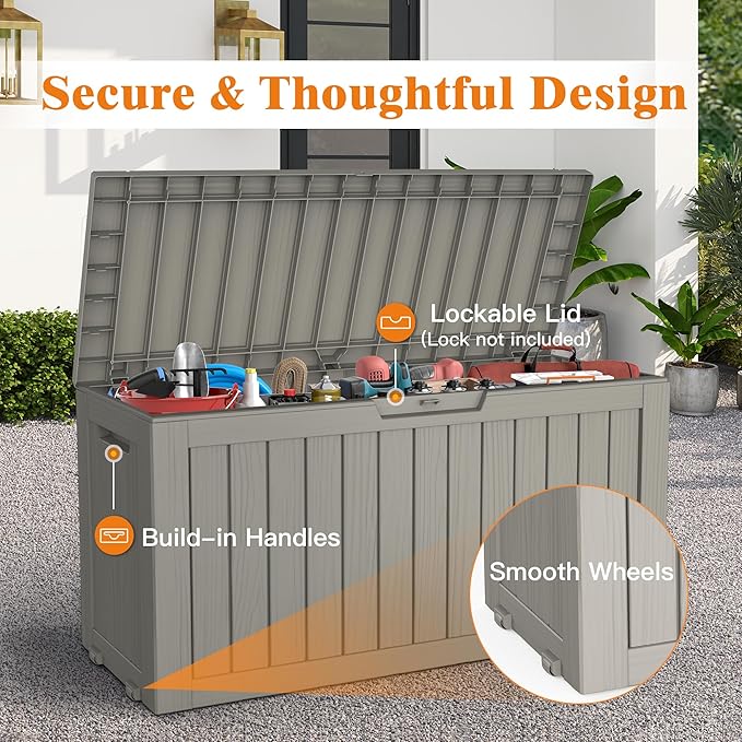 Outdoor Storage Box, Deck Box Waterproof 72 Gallon, Resin Outside Storage, Storage Bin for Package Delivery, Patio Furniture Cushion, Pool Accessories, Weatherproof and UV Resistant, Grey
