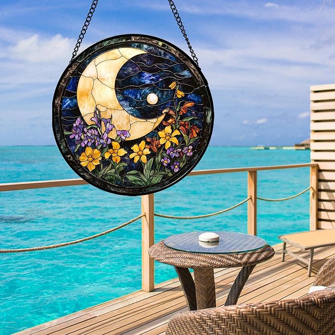 Stained Glass Window Hanging - Blue Night Sky Moon Suncatcher for Door Terrace Garden Home Decor Wildflowers Sun Catcher Birthday Gifts for Lovers Women Men Dad Mom Nana 6.3 in