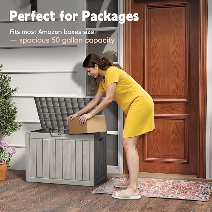 Outdoor Storage Box, 50 Gallon Deck Box Waterproof, Resin Patio Storage Bin for Package Delivery, Patio Furniture Cushion, Garden Tools, Pool Accessories, Weatherproof, Grey