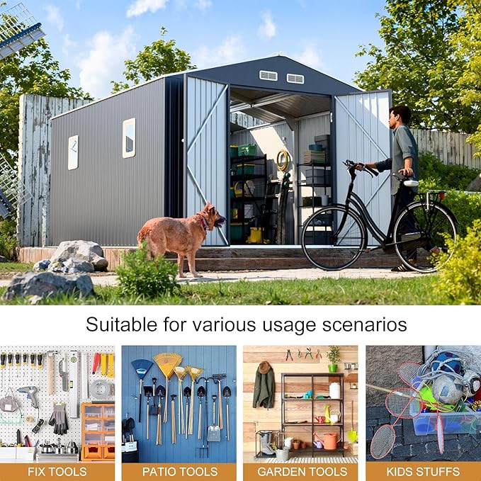 Metal Storage Shed 10x10 FT Large Outdoor Tools House with Unique Clear Roof Skyview Windows Air Vents Door for Garden Patio Lawn Backyard to Store Bikes,Lawnmower,Garage,Dark Grey