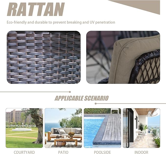 Patio Furniture Set Swivel Rocker, Outdoor Patio Chairs, 3 Piece Suit Porch Furniture Rocking Set, Backyard and Garden Rocker Rattan Chair, with Thickened Cushions and Glass Coffee Table(Brown)
