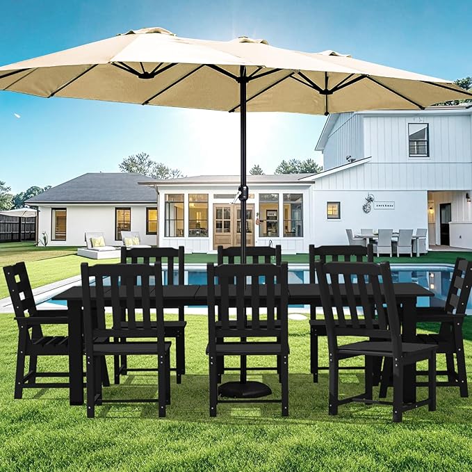 LOUNZY 9 Pieces Patio Dining Sets,Outdoor HDPE Furniture Set for 8 w/ 2" Hole Cut-Out Dining Table with 8 Patio Chairs(2 W/Armrest, 6 w/o Armrest),Black