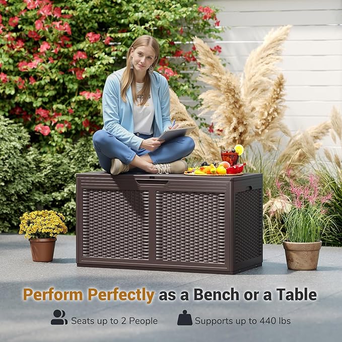 RELAX4LIFE 100-Gallon Resin Deck Box - Waterproof Outdoor Storage Box Container w/Lockable Lid & Wheels, Faux Rattan Porch Bench for Patio Furniture Cushions, Pool Accessories, Garden Tools (Brown)