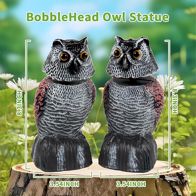 BobbleHead Owl Decoys Sculpture to Scare Birds Away, 2-Pack 8.3" Fake Owl Plastic Scarecrow Bird Deterrent, Natural Enemy Pest Repellent, Garden Decor Statues for outside, Patio, Lawn, Yard Decoration
