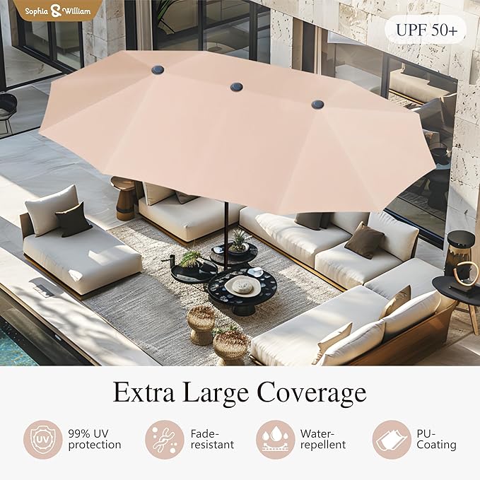 Sophia & William Patio Set with Umbrella Patio Dining Set for 6 with 13ft Rectangle Patio Umbrella Beige, 6 x Patio Chairs Grey, 1 Wood Like Outdoor Dining Table with Umbrella Hole for Lawn Garden