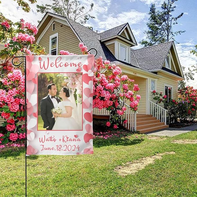 Custom Wedding Garden Flag Personalized Garden Flags Add Photo Name Date Decoration Banner For Ceremony Party Bridal Shower Memorial Anniversary (Custom Wedding Flags 1, 12x18(in))
