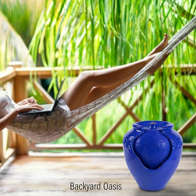 Pure Garden Jar Water Fountain – Indoor or Outdoor Ceramic-Look Glazed Pot Resin Water Feature with Electric Pump and LED Lights (Cobalt Blue)